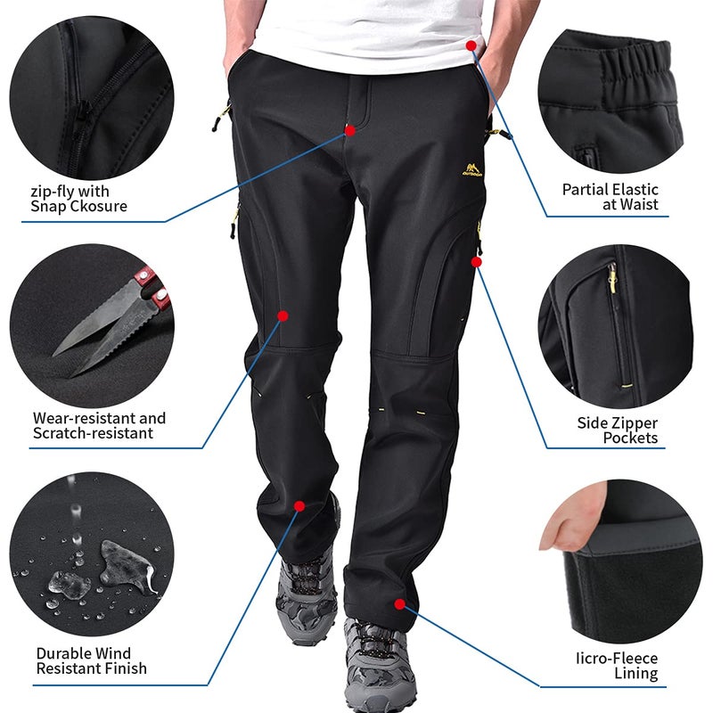 Toomett Men's snow Pants Skiing Winter Insulated Soft Shell Outdoor fleece lined Hiking waterproof Pants with zipper pockets,MH4409,Black,32 - Image 3